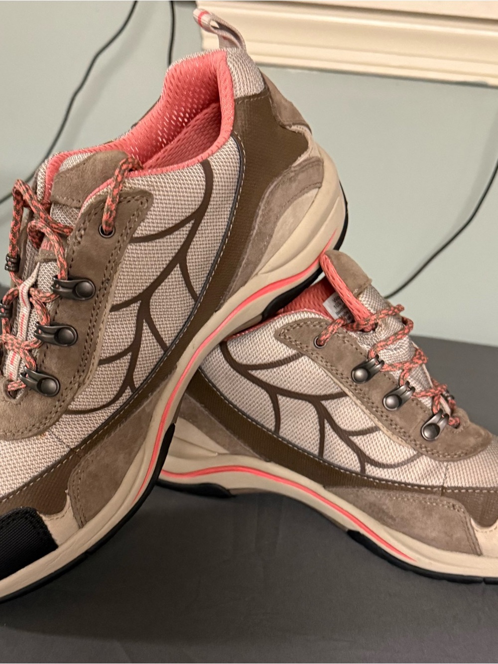 Vertical Grip LL Bean Women's Neutral Taupe and Coral Lace-Up Walking Sneakers